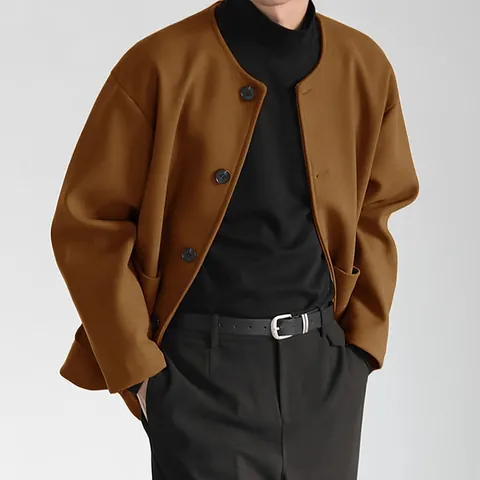 Chaqueta de Lana Casual para Hombre sin Cuello Estilo Coreano Abrigo de Silueta Holgada Color Sólido Ropa de Abrigo para Jóvenes