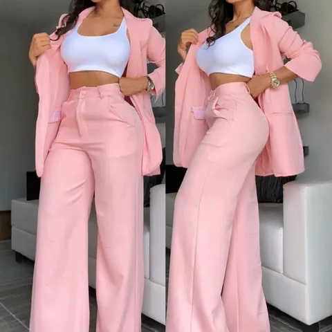 Elegant Women Top And Bottom Formal Office Wear Lapel Blazer With Split Sleeves And High Waist Straight Pants Solid Color Polyester Commuting Suit