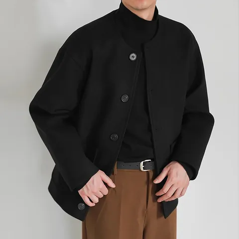Chaqueta de Lana Casual para Hombre sin Cuello Estilo Coreano Abrigo de Silueta Holgada Color Sólido Ropa de Abrigo para Jóvenes