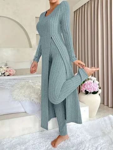 Dames Minimalistisch Geribbeld Gebreid Top En Broek Casual Effen Kleur Ronde Hals Zijspleet Lange Top Met Leggings Tweedelige Set