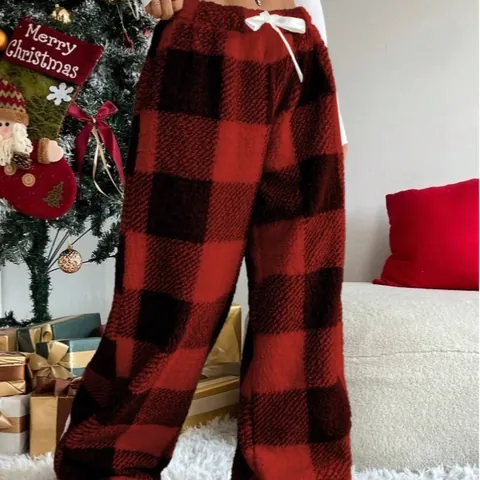 Women Plaid Wide Leg Pants High Waist Fleece Lined Warm Winter Loose Trousers With Bow Drawstring Casual Plaid Print Home Bottoms Polyester Thickened Pants