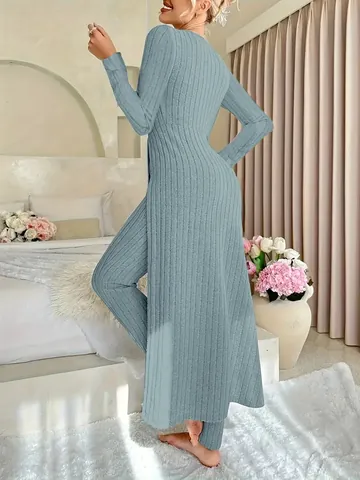 Dames Minimalistisch Geribbeld Gebreid Top En Broek Casual Effen Kleur Ronde Hals Zijspleet Lange Top Met Leggings Tweedelige Set