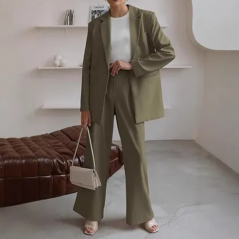 Women Professional Suit Set 2025 Autumn Winter Fashion Polyester Solid Color Blazer and Wide Leg Pants Two Piece Set Business Casual Commuting Style