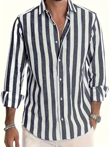 Heren Casual Gestreept Overhemd Met Lange Mouwen Mode Losse Pasvorm Button Down Revers Polyester Tops Voor Dagelijkse Vakantie