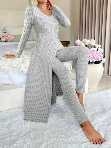 Women Top And Bottom Knitted Ribbed Long Sleeve Round Neck Side Slit Longline Top Slim Fit Leggings Casual Loungewear