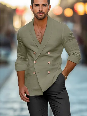 Men Casual Cotton Linen Look Blazer Shirt Double Breasted Long Sleeve Cardigan Solid Color Spring Autumn Top Jacket