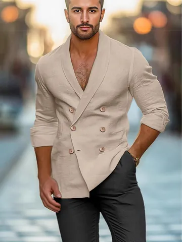 Men Casual Cotton Linen Look Blazer Shirt Double Breasted Long Sleeve Cardigan Solid Color Spring Autumn Top Jacket