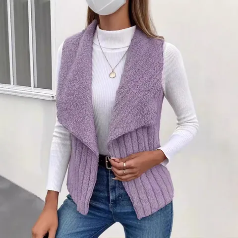 Gilet da Donna Senza Maniche in Misto Lana con Revers Aperto sul Davanti in Patchwork di Pelliccia Sintetica per Autunno Inverno