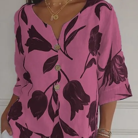 Women V-Neck Short Sleeve Floral Printed Blouse Loose Casual Pullover Top Soft Polyester Vacation Style Fashion Shirt