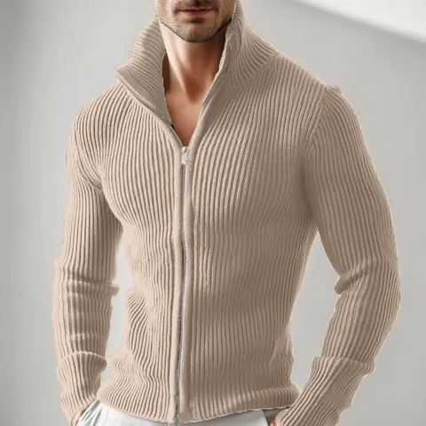 Homme Cardigan en Maille Nervurée à Fermeture Éclair Col Montant Pull Slim Fit Décontracté Couleur Unie Manches Longues