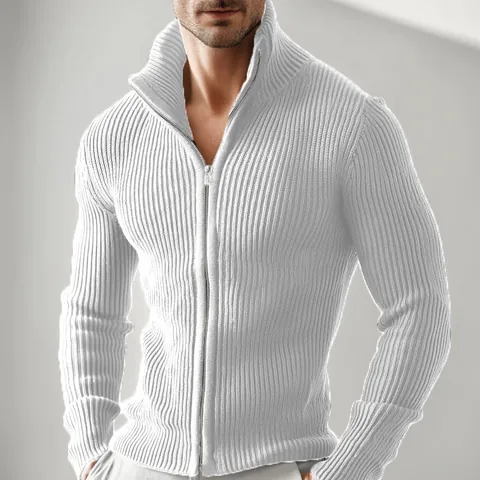 Homme Cardigan en Maille Nervurée à Fermeture Éclair Col Montant Pull Slim Fit Décontracté Couleur Unie Manches Longues
