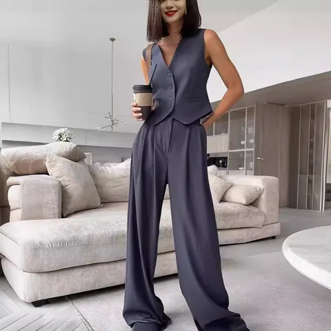 Women V-Neck Sleeveless Vest And High Waist Wide Leg Pants Top And Bottom Outfit Solid Color Office Lady Business Suits