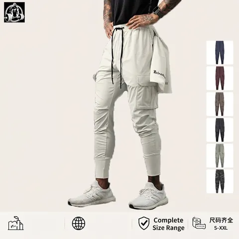 Men Quick Dry Cargo Joggers Ice Silk Sport Pants High Elastic Multi Pocket Fitness Gym Workout Training Sweatpants