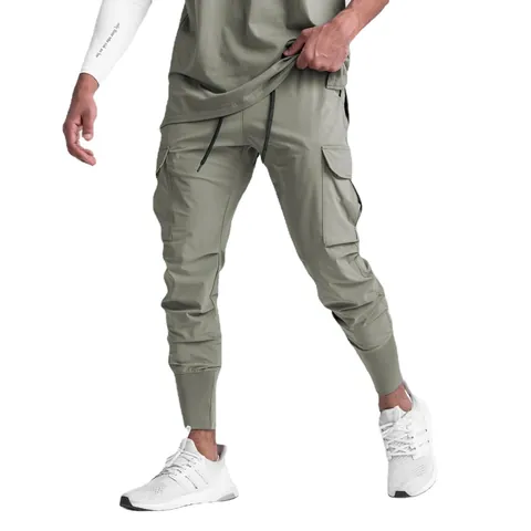 Men Quick Dry Cargo Joggers Ice Silk Sport Pants High Elastic Multi Pocket Fitness Gym Workout Training Sweatpants