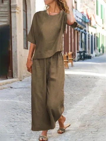 Conjunto Casual de Poliéster para Mujer Top Y Pantalón Camiseta de Manga Corta Cuello Redondo Y Pantalones de Pierna Ancha Color Sólido