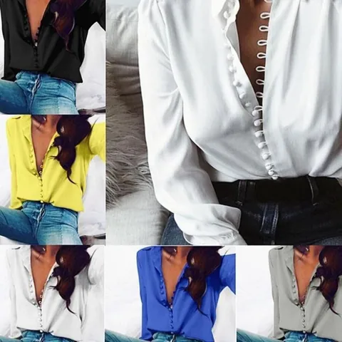 Blusa Camisera de Manga Larga para Mujer Cuello de Solapa Ajuste Holgado Talla Grande Camisa de Poliéster Acabado Satinado
