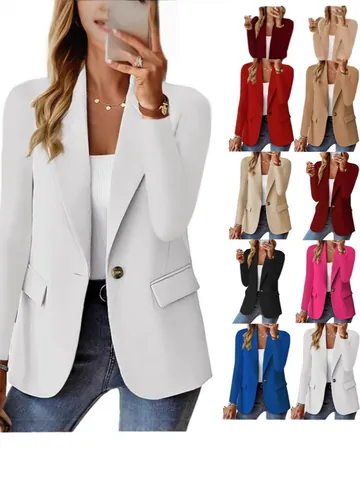 Damen Casual Reverskragen Blazer Jacke Einfarbig Einreihig Langarm Büro Anzug Top Patchwork Oberbekleidung