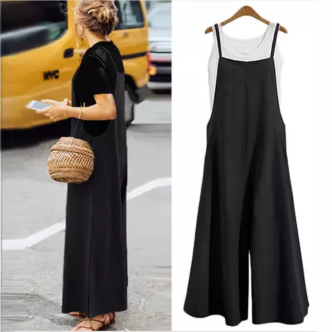Women Casual Cotton Blend Wide Leg Jumpsuit Strappy Sleeveless Loose Romper Solid Color Fashion One Piece Pants For Women