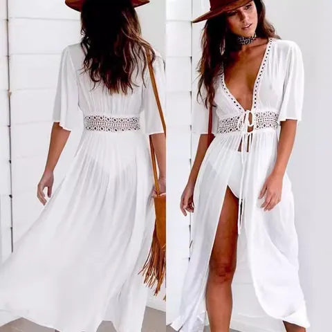 Women's Lace Patchwork Long Cardigan Cover-Up Sexy Deep V-Neck Tie Chiffon Beach Shawl Solid Color Summer Bikini Outwear