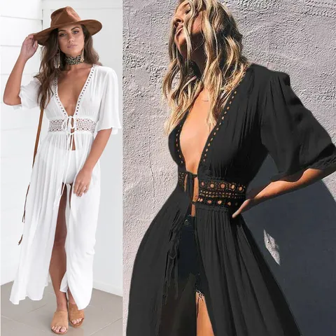 Women's Lace Patchwork Long Cardigan Cover-Up Sexy Deep V-Neck Tie Chiffon Beach Shawl Solid Color Summer Bikini Outwear