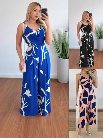 Women Summer Floral Print Backless Jumpsuit Sexy Cowl Neck Spaghetti Strap Wide Leg Romper Waist Tightening Elegant Jumpsuit