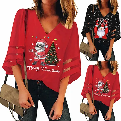 Camiseta de Navidad para Mujer Papá Noel Estampado Cuello en V Manga de Campana con Malla Top Holgado de Poliéster