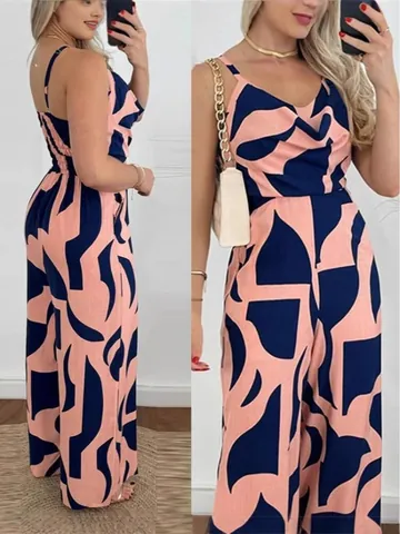 Women Summer Floral Print Backless Jumpsuit Sexy Cowl Neck Spaghetti Strap Wide Leg Romper Waist Tightening Elegant Jumpsuit