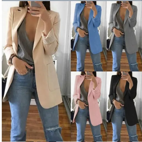 Women Fashion Notched Lapel Slim Fit Open Front Blazer Jacket Long Sleeve Polyester Solid Color Casual Office Business Top