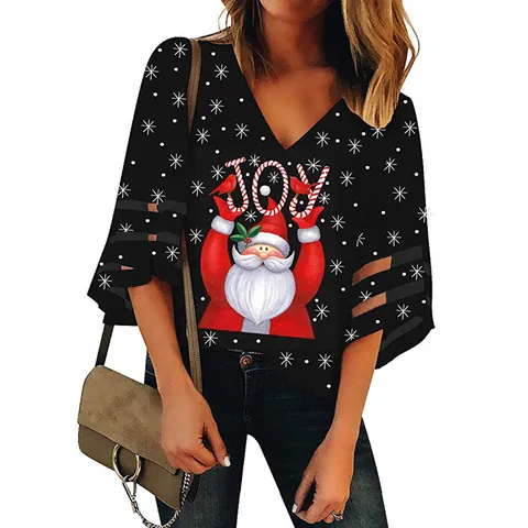 Camiseta de Navidad para Mujer Papá Noel Estampado Cuello en V Manga de Campana con Malla Top Holgado de Poliéster