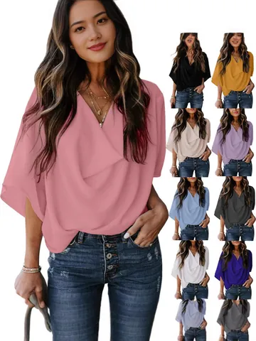 Women Casual Chiffon V-Neck Blouse Elegant Loose Flare Half Sleeve Top Solid Color Summer Pullover Shirt
