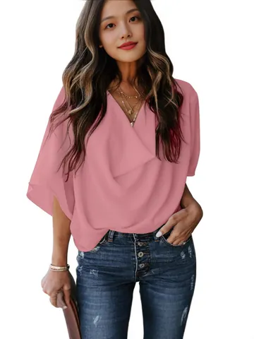 Women Casual Chiffon V-Neck Blouse Elegant Loose Flare Half Sleeve Top Solid Color Summer Pullover Shirt