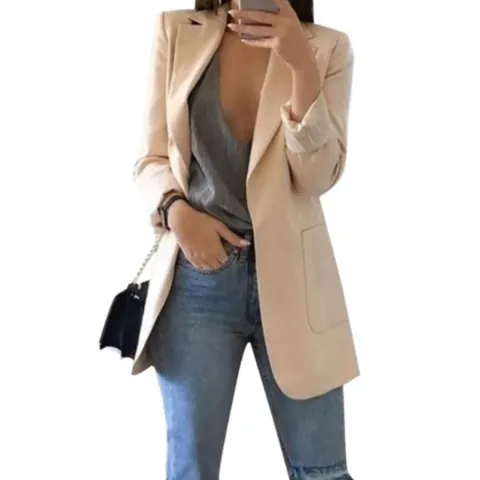 Women Fashion Notched Lapel Slim Fit Open Front Blazer Jacket Long Sleeve Polyester Solid Color Casual Office Business Top