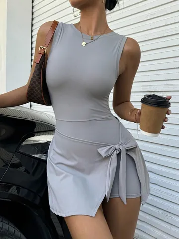 Robe de Tennis une Pièce Slim pour Femme Body de Yoga Haute Élasticité Avec Noeud Papillon Dos Nu Jupe Athlétique