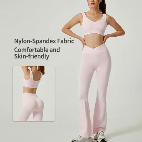 Women Contrast Binding Yoga Suit Set Nylon Spandex Crossover High Waist Flare Pants Diamond Neck Open Back Top And Bottom