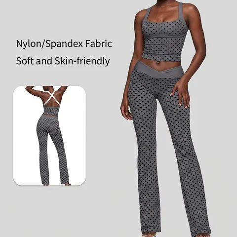 Damen Polka Dot Neckholder Top Und Bottom Set Bedruckte Crisscross Rücken Yoga Schlaghose Zweiteiliges Sportliches Activewear Set