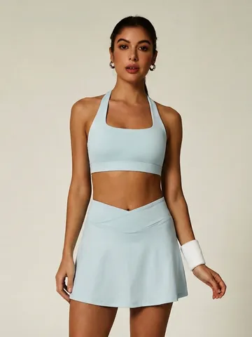 Women Halter Square Neck Sports Bra And Tennis Skirt Top And Bottom Nylon Spandex Breathable Workout Yoga Fitness Activewear