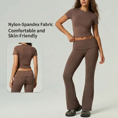 Women Quick Dry Athletic Yoga Wear Nylon Spandex Short Sleeve Top And Flare Pants High Waist Tummy Control Workout Apparel