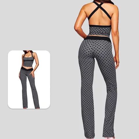 Damen Polka Dot Neckholder Top Und Bottom Set Bedruckte Crisscross Rücken Yoga Schlaghose Zweiteiliges Sportliches Activewear Set