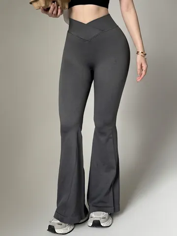 Women High Waist Seamless Yoga Flare Pants Crossover Waistband Butt Lifting Ribbed Workout Gym Leggings