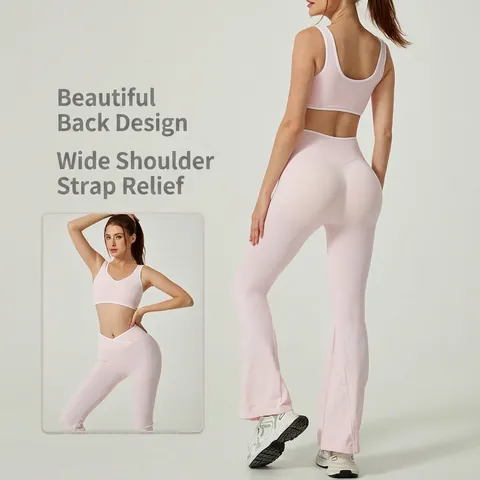 Women Contrast Binding Yoga Suit Set Nylon Spandex Crossover High Waist Flare Pants Diamond Neck Open Back Top And Bottom