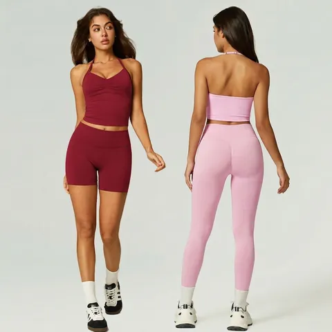 Women Halter Backless Yoga Set Top And Bottom With Chest Pads High Waist Slim Fit Seamless Workout Outfit