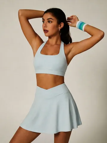 Women Halter Square Neck Sports Bra And Tennis Skirt Top And Bottom Nylon Spandex Breathable Workout Yoga Fitness Activewear