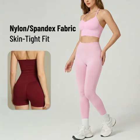 Women Halter Backless Yoga Set Top And Bottom With Chest Pads High Waist Slim Fit Seamless Workout Outfit