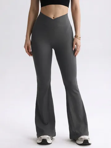 Women High Waist Seamless Yoga Flare Pants Crossover Waistband Butt Lifting Ribbed Workout Gym Leggings