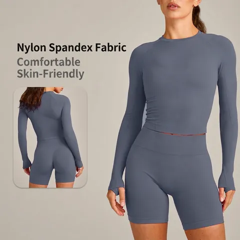 Damen Nahtloses Yoga-Set Langarm-Oberteil Und Shorts Hohe Taille Gerippte Workout-Outfits Daumenloch Sport-Fitness-Anzug