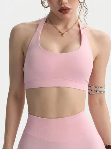 Women Halter Neck Yoga Vest Ribbed Seamless Sports Bra Open Back Crop Top Activewear For Fitness Running Gym Workout