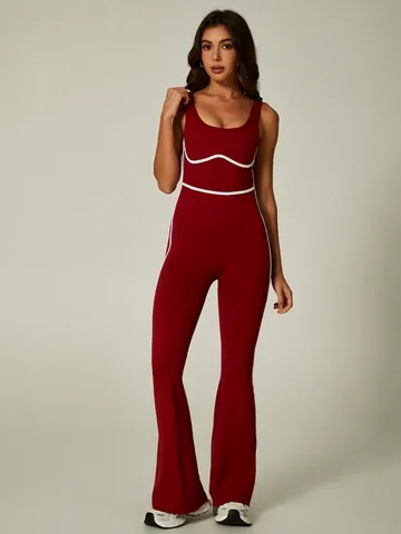 Damen Sexy Kontrast-Paspelierung Yoga Jumpsuit Ärmellos Bodycon Schlaghose Activewear Romper Hochelastisch Einteiler Fitness Anzug