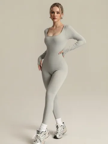 Women Seamless Yoga Jumpsuit Long Sleeve Backless Lace-up Bodysuit Ribbed Fitness Sportswear Workout Romper Body Shaper