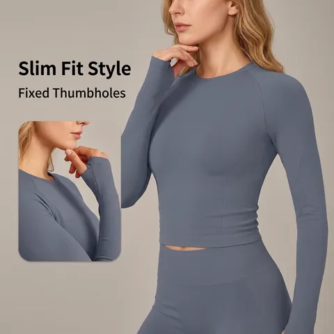 Damen Nahtloses Yoga-Set Langarm-Oberteil Und Shorts Hohe Taille Gerippte Workout-Outfits Daumenloch Sport-Fitness-Anzug