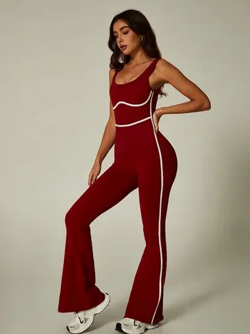 Damen Sexy Kontrast-Paspelierung Yoga Jumpsuit Ärmellos Bodycon Schlaghose Activewear Romper Hochelastisch Einteiler Fitness Anzug